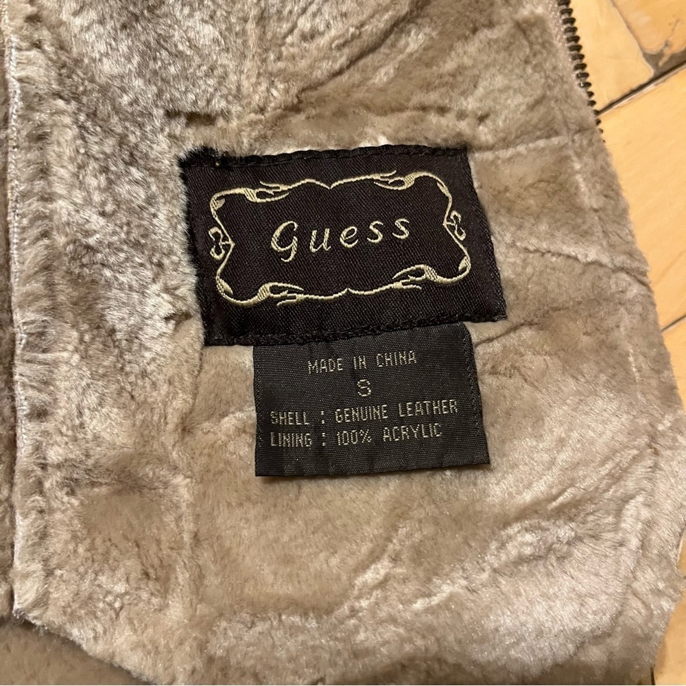 Vintage Guess Jacket Womens Small Tan Genuine Leather Faux Fur Lined Suede Y2K - Picture 10 of 10